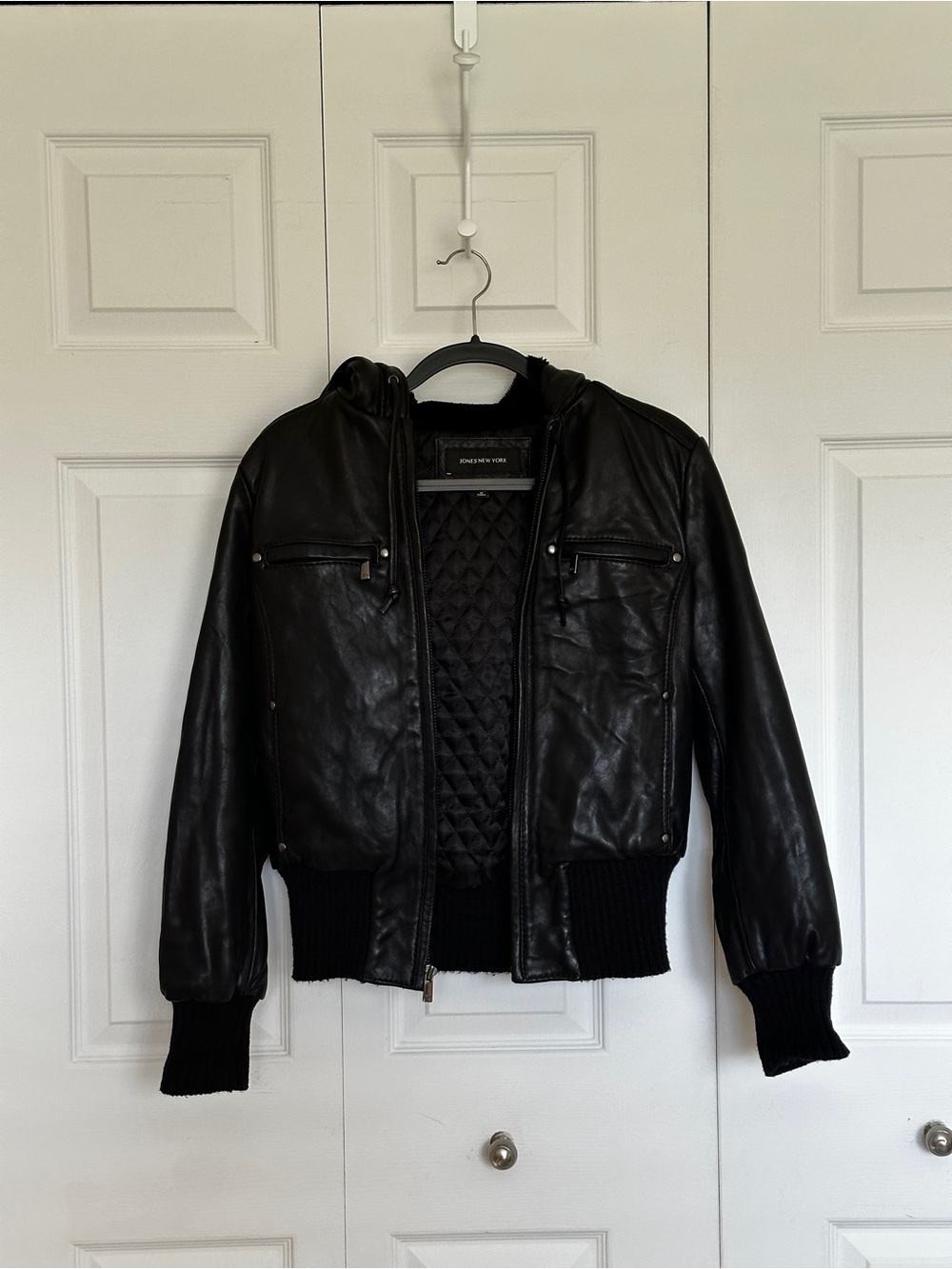 Jones New York Black Leather Hooded Bomber Jacket with Quilted Lining
